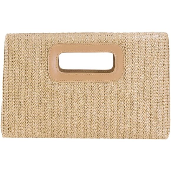 Khaki Straw Clutch Purse for Women Travel Beach Tote Woven Rattan Envelope Bag T - Picture 1 of 6